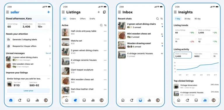 Meta Seller App dashboard for Facebook Marketplace showing Meta AI listing, unified inbox, inventory management, and performance analytics