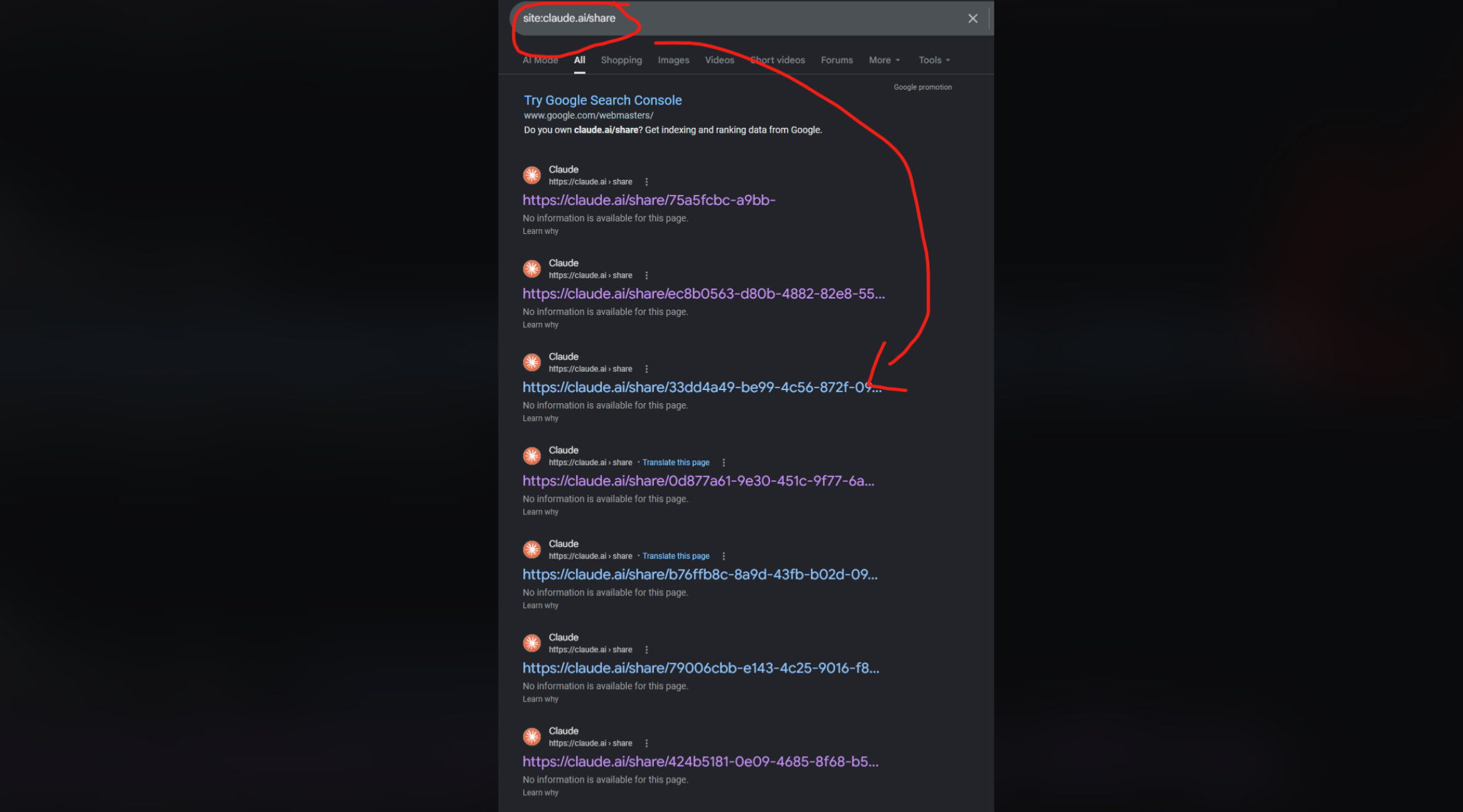 Claude AI shared links indexed by Google exposed private user data