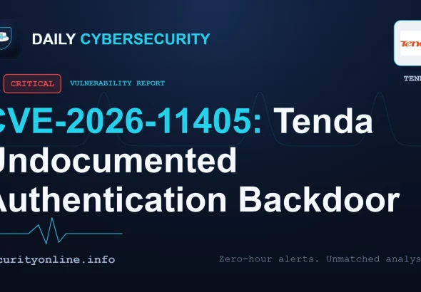 Diagram showing the Tenda authentication backdoor and CVE-2026-11405 attack flow.