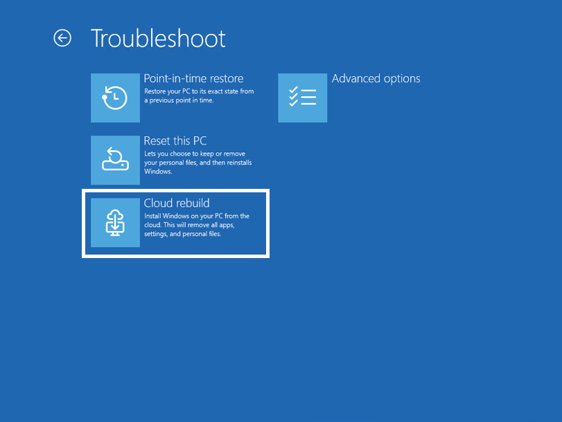 Windows 11 cloud rebuild feature in WinRE downloading OS image over the internet without USB