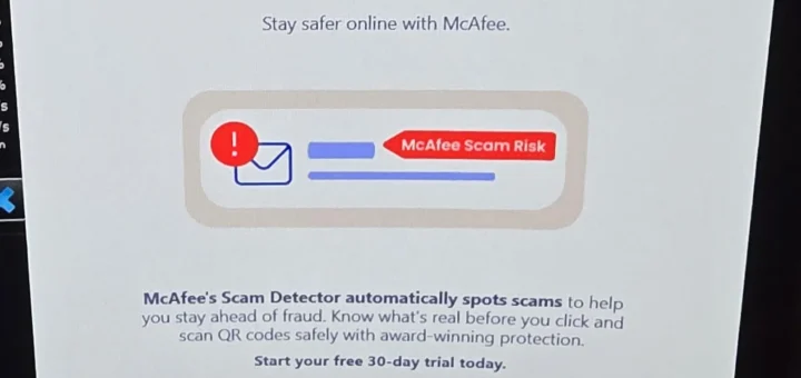 LG monitor adware warning showing unwanted McAfee pop-ups and bloatware installation