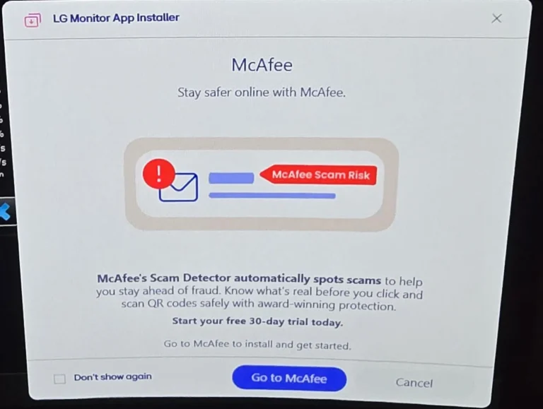LG monitor adware warning showing unwanted McAfee pop-ups and bloatware installation