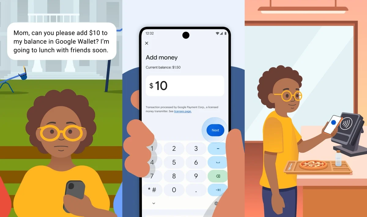 Parent sending digital allowance via Google Wallet on an Android smartphone