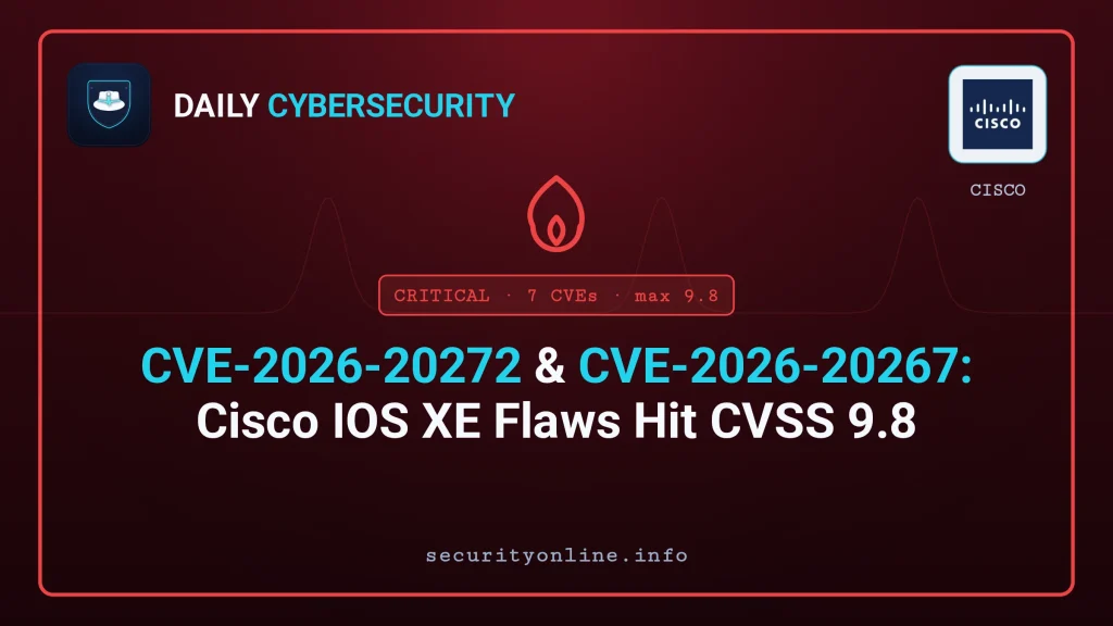Cisco IOS XE vulnerability dashboard showing CVE-2026-20272 and CVE-2026-20267 critical CVSS 9.8 security advisory