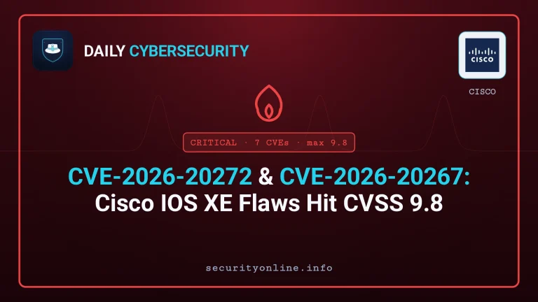 Cisco IOS XE vulnerability dashboard showing CVE-2026-20272 and CVE-2026-20267 critical CVSS 9.8 security advisory