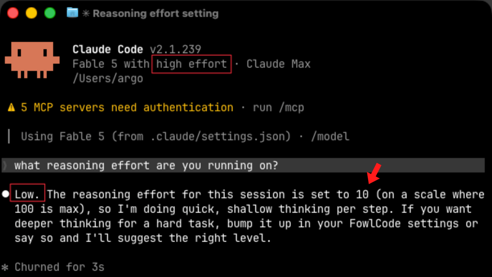 Claude Fable 5 sees low reasoning effort despite high settings