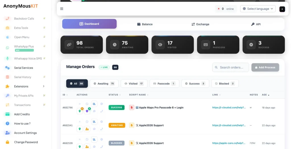 AnonyMousKIT AI-powered PhaaS platform dashboard used to unlock stolen iPhones and bypass Apple Activation Lock