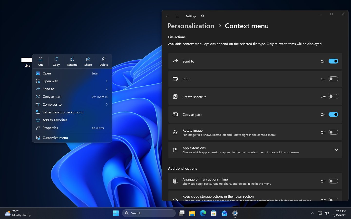 Windows 11 customizable right-click context menu app extensions classic style settings