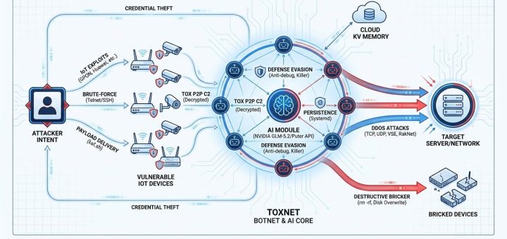 ToxNetV2 botnet infrastructure diagram highlighting AI integration