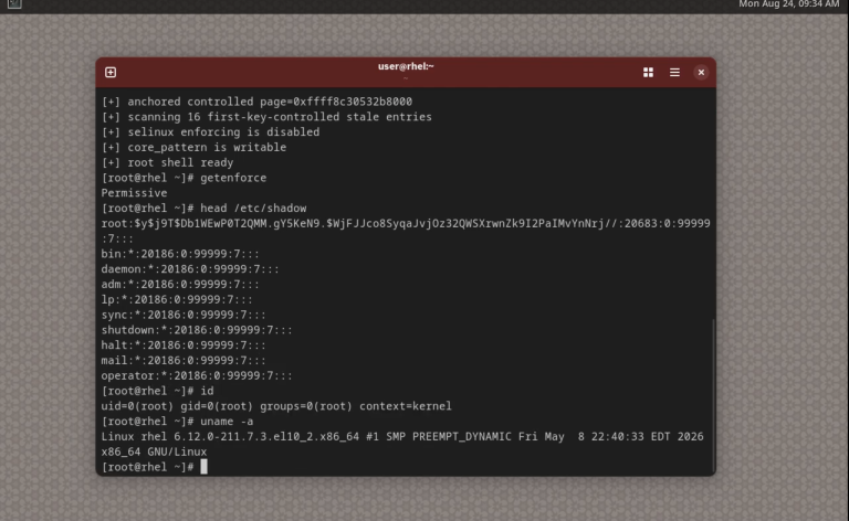 Linux kernel flaw CVE-2026-52923 root privilege escalation diagram