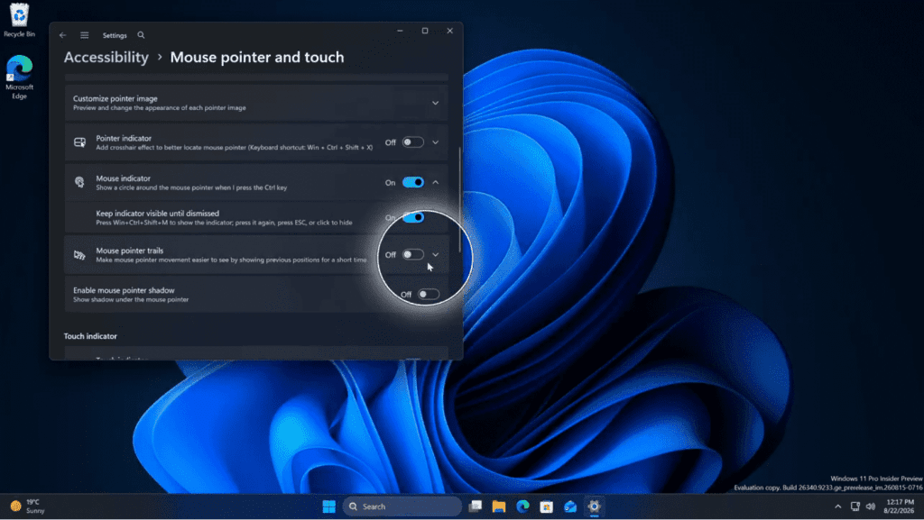 Windows 11 mouse indicator settings highlighting cursor visibility features