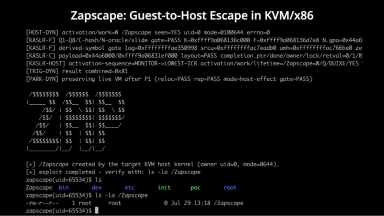 KVM escape vulnerability Zapscape CVE-2026-64561 running commands with kernel root privilege, with public PoC exploit code