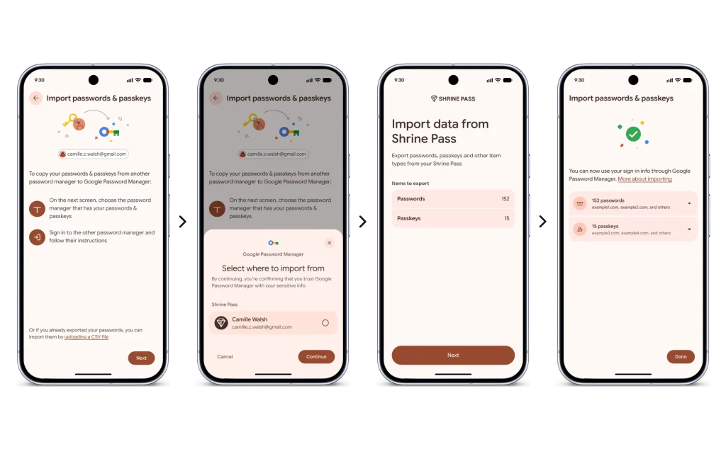 Android password manager migration interface and FIDO credential exchange