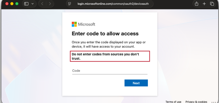 Redirect to legitimate device code sign-in page