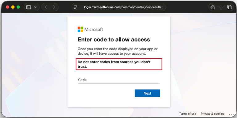 Redirect to legitimate device code sign-in page