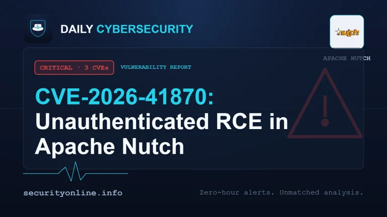Apache Nutch vulnerability alert showing unauthenticated remote code execution flaw CVE-2026-41870 in the Nutch REST API