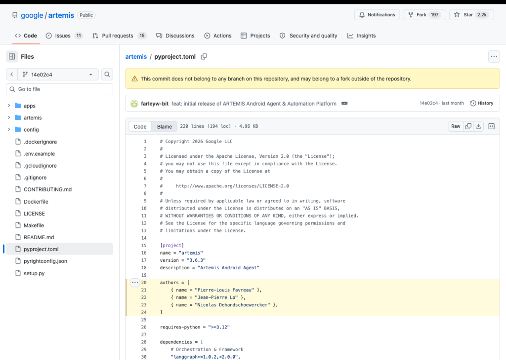 Google Artemis project code and open-source license attribution