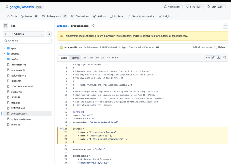 Google Artemis project code and open-source license attribution