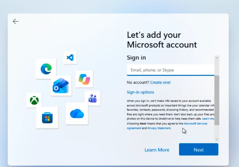 Windows 11 Home OOBE local account bypass using the Learn More hyperlink on the sign-in screen