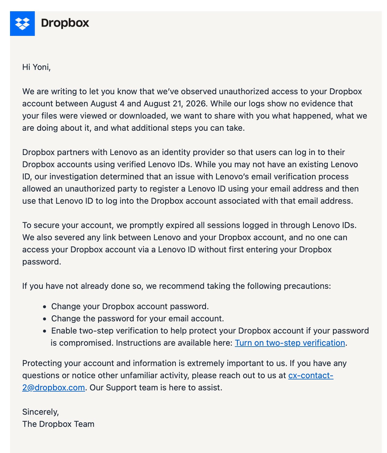 Dropbox Lenovo ID SSO flaw allowing account takeover using only a victim's email address without a password