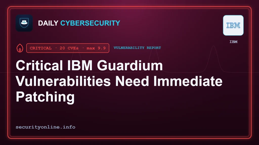 Security diagram highlighting critical IBM Guardium vulnerabilities and patch details