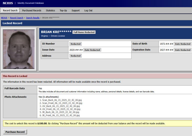 A dark web forum displaying stolen identity documents from the massive IDScan breach