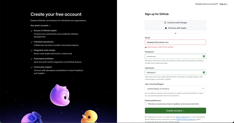 GitHub login screen displaying an email verification error for an Outlook address