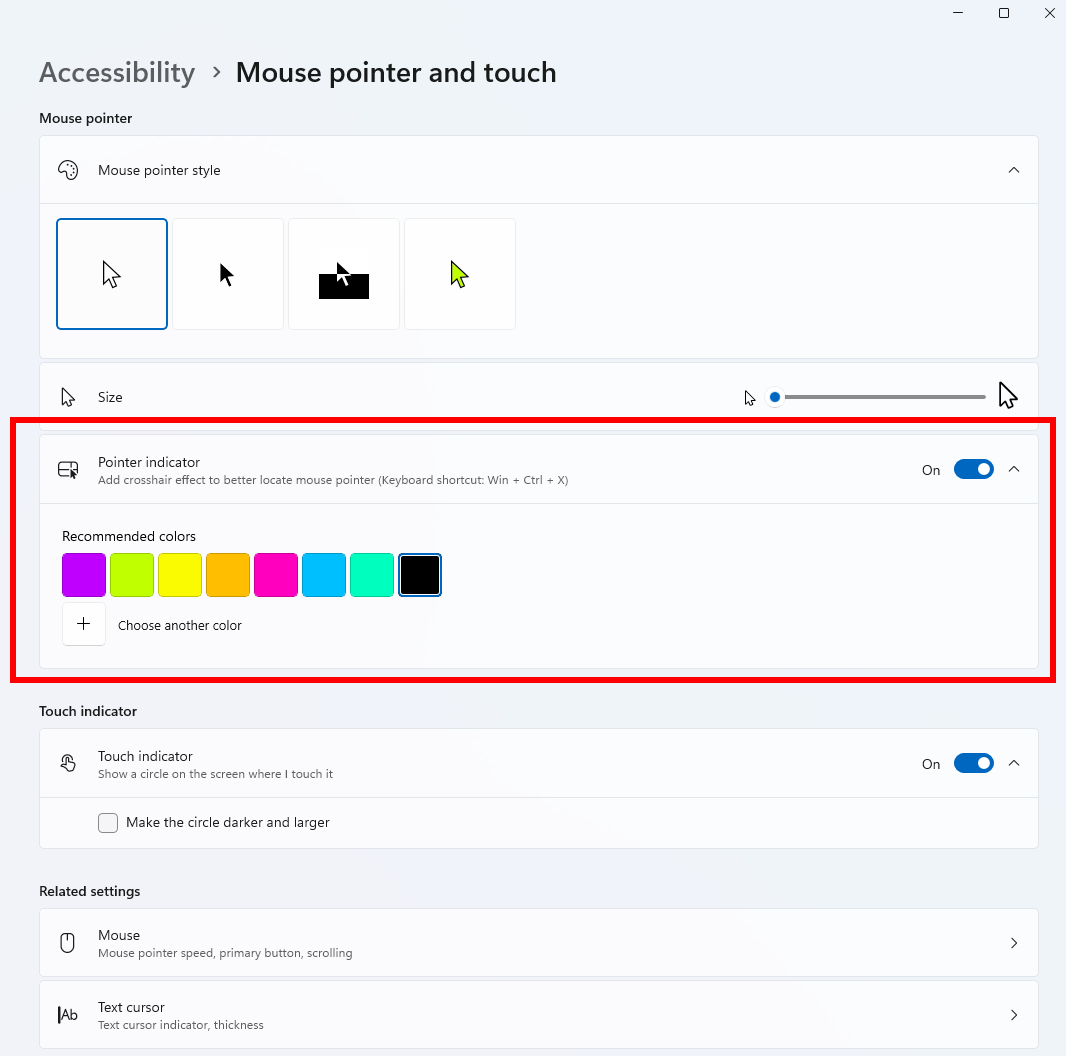 Windows 11 settings interface demonstrating new mouse pointer color customization and locator features