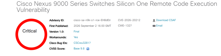 Cisco Nexus 9000 vulnerability CVE-2026-20212 unauthenticated remote code execution root privileges Silicon One diagram