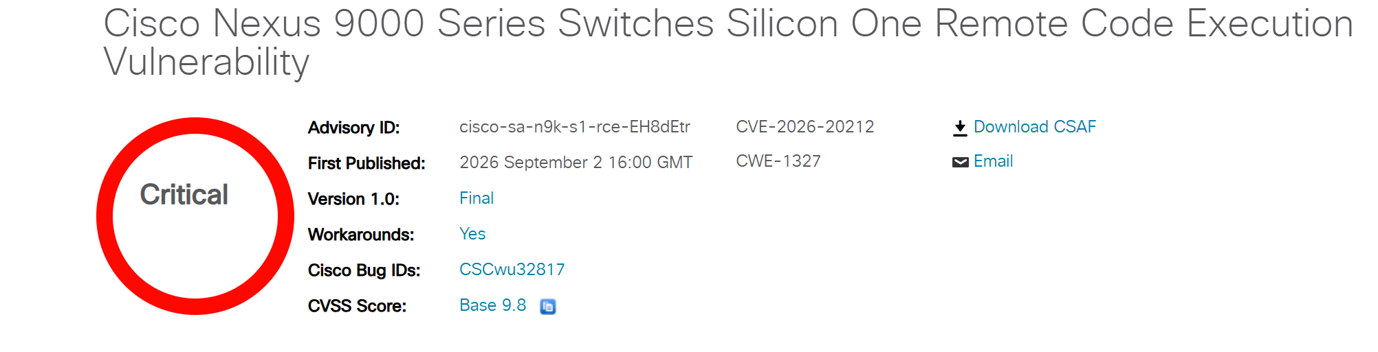 Cisco Nexus 9000 vulnerability CVE-2026-20212 unauthenticated remote code execution root privileges Silicon One diagram