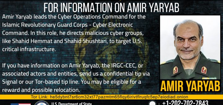 US Rewards for Justice poster offering $10 million for information on Iranian IRGC cyber commander Amir Yaryab