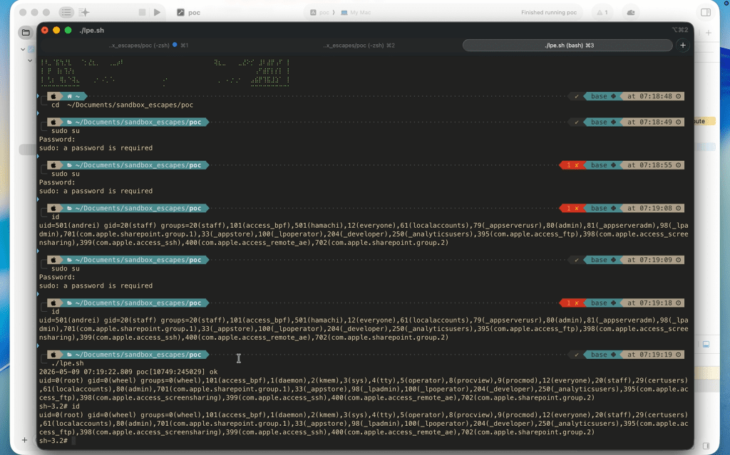 Diagram explaining the critical macOS DesktopServicesHelper vulnerability and root escalation chain