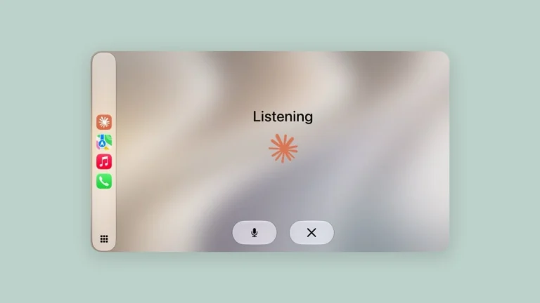 Claude CarPlay update interface showing hands-free voice mode and split-screen multitasking on vehicle dashboard