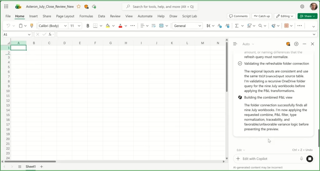 Excel Copilot interactive canvas and data cleaning interface