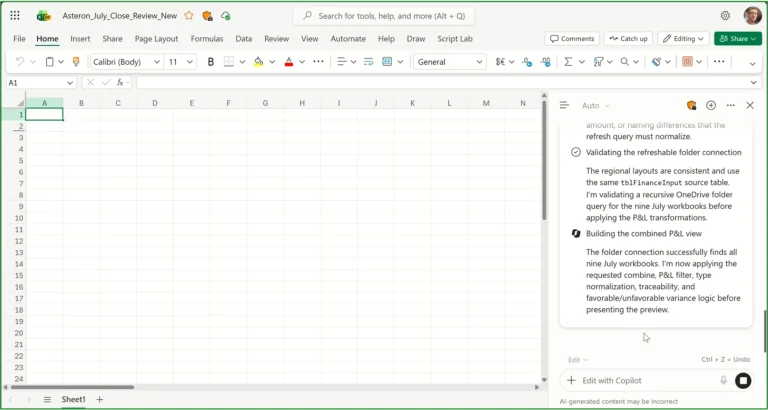 Excel Copilot interactive canvas and data cleaning interface
