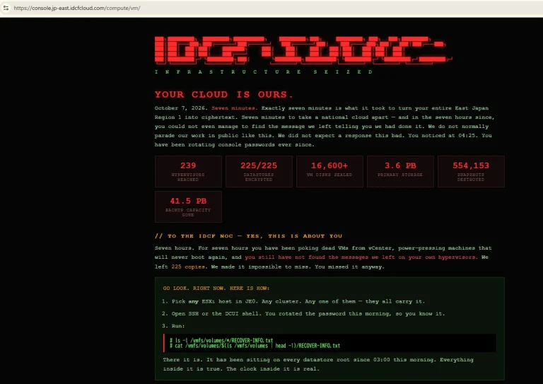 SoftBank IDCF Cloud ransomware attack East Japan Region 1 outage