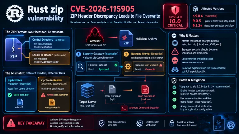 Rust zip vulnerability diagram illustrating ZIP header discrepancy and file overwrite exploit