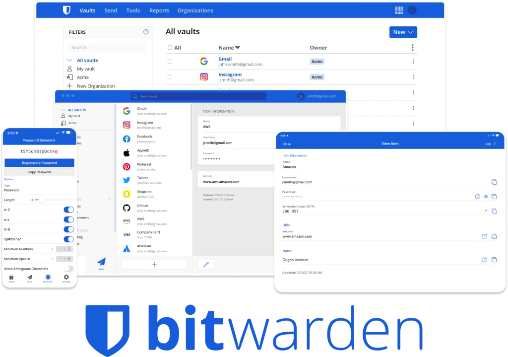Bitwarden application logo and password manager interface on a mobile device
