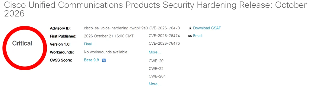 Cisco Unified CM vulnerabilities fixed in October 2026 security hardening release