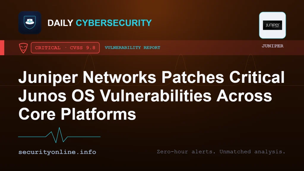 Junos OS vulnerabilities overview showing Juniper security bulletin fixes for CVE-2026-102182, CVE-2026-101954, and CVE-2026-33792