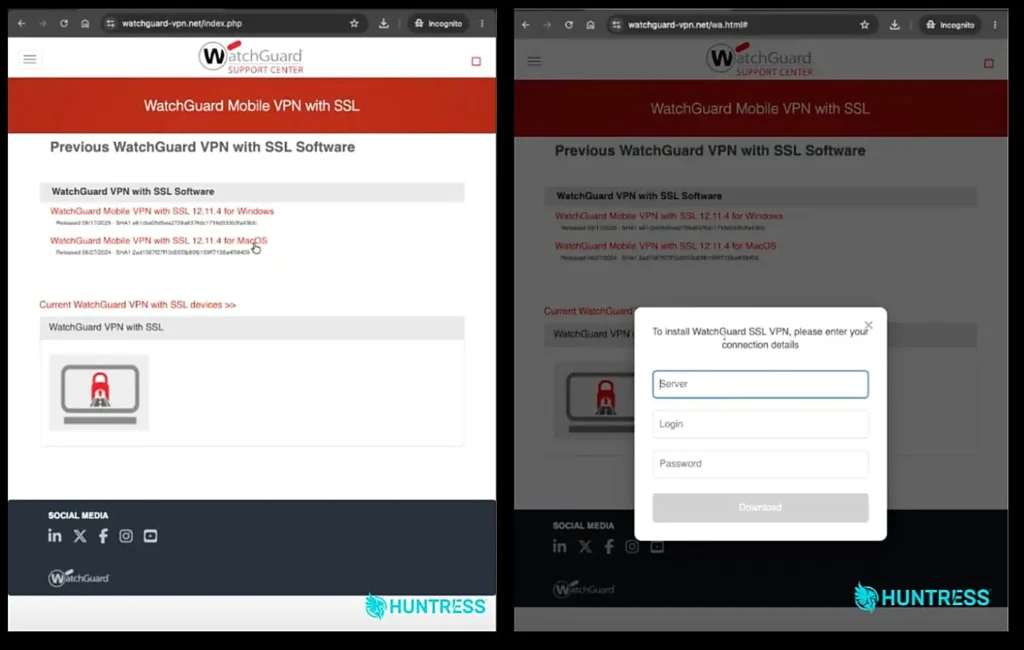 WatchGuard VPN phishing and WatchGuard VPN phishing site attack flow diagram